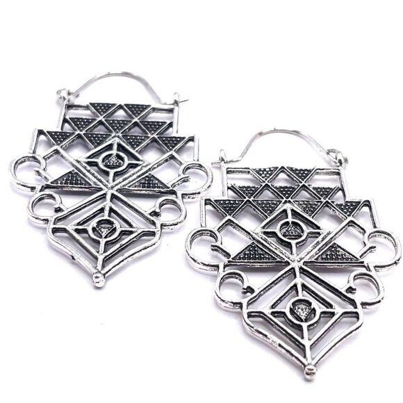 Silver Detailed Boho Asian Inspired Dangling Drop Hinged Hook Earrings - Picture 2 of 5